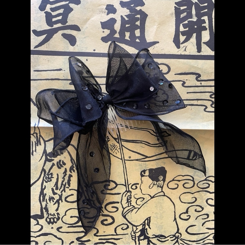 Vintage Chiffon Sequined Black Bow with Comb